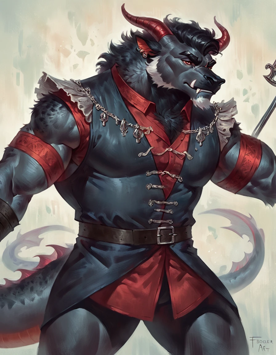 Anthropomorphic dragon his physique is achieved through a meticulous distribution of muscle and fat that creates a sense of comfort and approachability. Black scales. Black fur. Black Hair. Skin is a rich, deep black, with a subtle shimmer. His eyes are a piercing shade of Imperial red, framed by thick eyebrows. His attire, a black gambeson padded overcoat fabric vest with striking red salmon accents and intricate silver metal ornaments, is both functional and symbolic. The gambeson, a padded garment, is tailored to allow for a full range of motion, emphasizing his agility despite his size. The silver metal ornaments. Fur is predominantly black with salmon red-colored highlights. The fur on his torso and limbs is dense. His chest hair is kept at a moderate length. Large axe like fangs. Wield a slashing blade in a rapier-like's hilt. Ox guard stance pose. His predominant color is black and he got imperial red details. Anthro Artist Taran Fiddler art Style, olhos detalhados, Olhos lindos, escalas detalhadas.