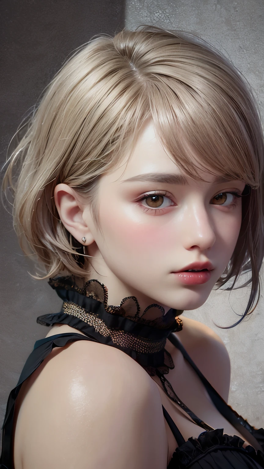 Masterpiece hyperrealist & Photorealistic beautiful girl, Realistic Skin (Pore-filled skin) Short Bob Cut Hair, Realistic red lips,Punk Girl, (head shot:1.5),Shorts