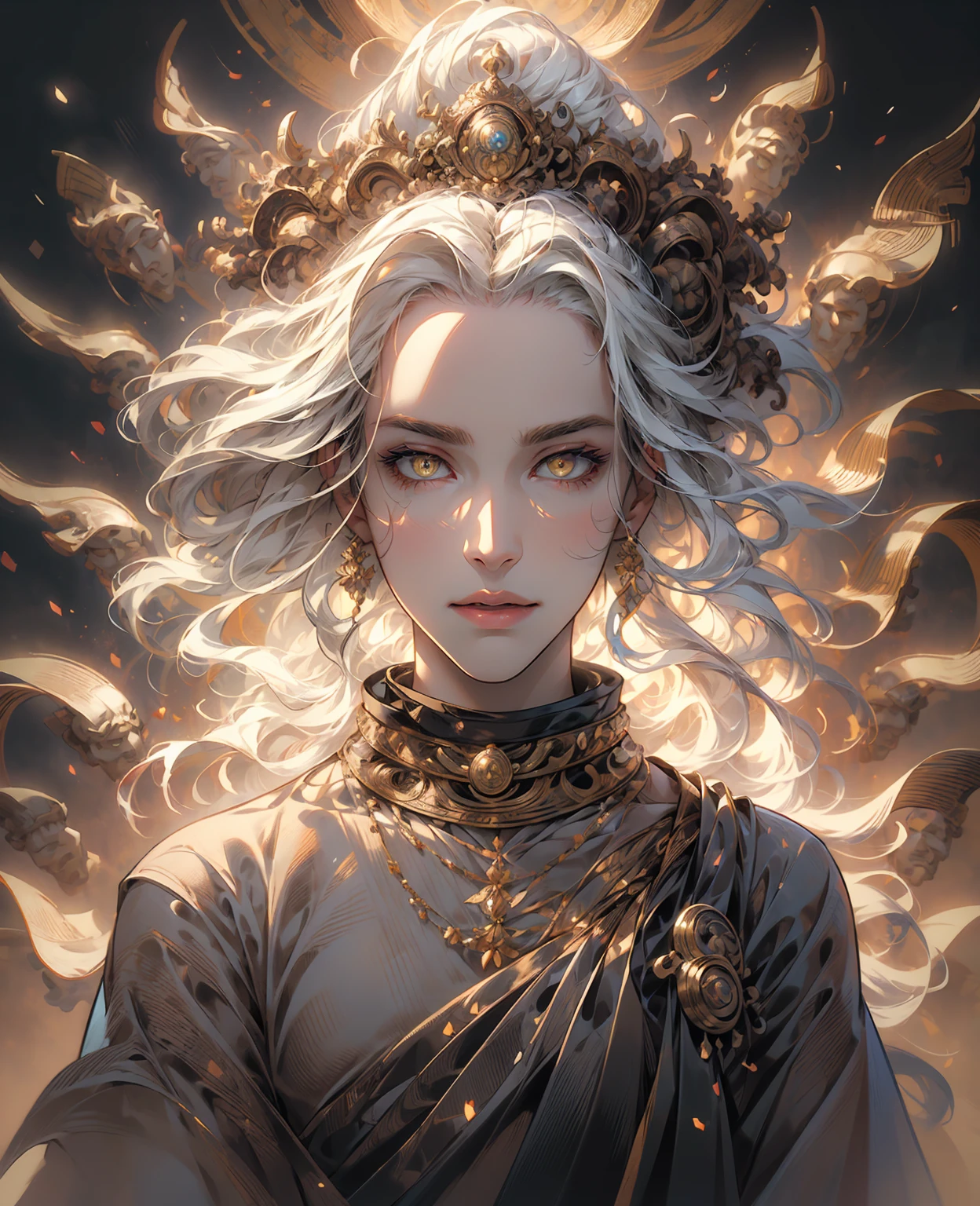 A young man with white hair and yellow eyes, performing sand magic, highly detailed, 4k, photorealistic, beautiful detailed eyes, beautiful detailed lips, extremely detailed face and portrait, elegant pose, dramatic lighting, ethereal atmosphere, mystical sand effects, intricate sand patterns, glowing sand particles, warm color tones, cinematic composition