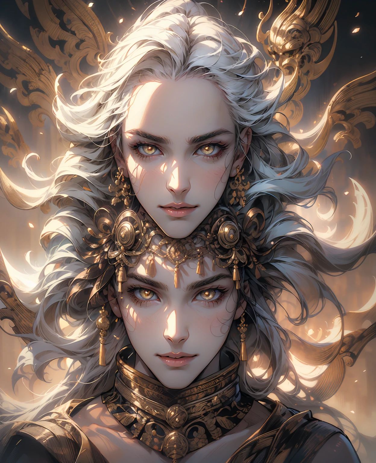 A young man with white hair and yellow eyes, performing sand magic, highly detailed, 4k, photorealistic, beautiful detailed eyes, beautiful detailed lips, extremely detailed face and portrait, elegant pose, dramatic lighting, ethereal atmosphere, mystical sand effects, intricate sand patterns, glowing sand particles, warm color tones, cinematic composition