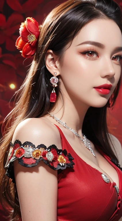 1 beautiful and attractive 20 year old girl, ((wearing an ultra-thin red dress with diamonds: 1.8)), ((long platinum hair: 1.6)), bangs, elaborate jewelry made from noble stones and beautiful hair, ( ( wearing a black lace necklace:1.4))), noble, aristocratic style of an extremely beautiful girl, super cute little face, very pretty face, thin eyebrows, beautiful face, flawleslack eye pupils: 0.8))), very pleasing to the eyes, ((light red eyes: 1.5)), beautiful makeup and hair, detailed eyelashes, eye makeup wet, high nose, earrings, red lips, ((closed mouth: 1;5 )) beautiful lips, slim hands, most beautiful thighs, rosy face, clean face, flawless beautiful face, fair skin smooth white skin, ((big breasts: 1.5)), ((high breasts: 1.6)), firm breasts, nice cleavage, (((super round breasts: 1.6))), ((super tight breasts: 1.7 )), beautiful breasts, ((shoulder width: 1.8)), beautiful breasts, thin black mesh stockings with black lace trim, perfect body, 8k photo, super high quality, super realistic, super 10x pixels, research optical, studio light, edge light, two-tone light, (high detail skin: 1.2), ultra 8k, soft light, high quality, volumetric light, optical, resolution high optics, lighting, best photo, 4k, 8k quality, blur effect, smooth sharpness, 10 x pixels, ((red flower background:1.7)), aurora, lightning, super graphics realistic, most realistic drawing map, alone, solo, extreme sharp image, surreal, upper body of girl, (((frontal portrait: 1.6)))."