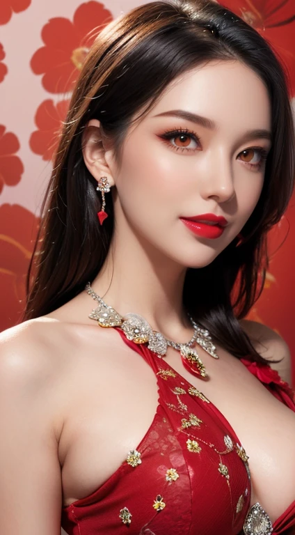 1 beautiful and attractive 20 year old girl, ((wearing an ultra-thin red dress with diamonds: 1.8)), ((long platinum hair: 1.6)), bangs, elaborate jewelry made from noble stones and beautiful hair, ( ( wearing a black lace necklace:1.4))), noble, aristocratic style of an extremely beautiful girl, super cute little face, very pretty face, thin eyebrows, beautiful face, flawleslack eye pupils: 0.8))), very pleasing to the eyes, ((light red eyes: 1.5)), beautiful makeup and hair, detailed eyelashes, eye makeup wet, high nose, earrings, red lips, ((closed mouth: 1;5 )) beautiful lips, slim hands, most beautiful thighs, rosy face, clean face, flawless beautiful face, fair skin smooth white skin, ((big breasts: 1.5)), ((high breasts: 1.6)), firm breasts, nice cleavage, (((super round breasts: 1.6))), ((super tight breasts: 1.7 )), beautiful breasts, ((shoulder width: 1.8)), beautiful breasts, thin black mesh stockings with black lace trim, perfect body, 8k photo, super high quality, super realistic, super 10x pixels, research optical, studio light, edge light, two-tone light, (high detail skin: 1.2), ultra 8k, soft light, high quality, volumetric light, optical, resolution high optics, lighting, best photo, 4k, 8k quality, blur effect, smooth sharpness, 10 x pixels, ((red flower background:1.7)), aurora, lightning, super graphics realistic, most realistic drawing map, alone, solo, extreme sharp image, surreal, upper body of girl, (((frontal portrait: 1.6)))."