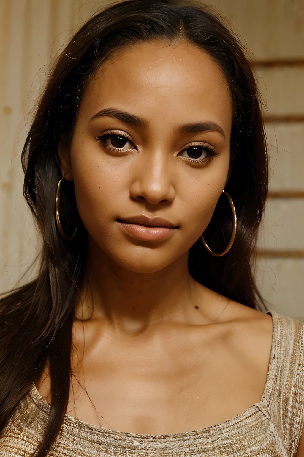 close up face, femme africaine, gentle face, Brown eyes, fine nose, fairly long forehead, soupy hair