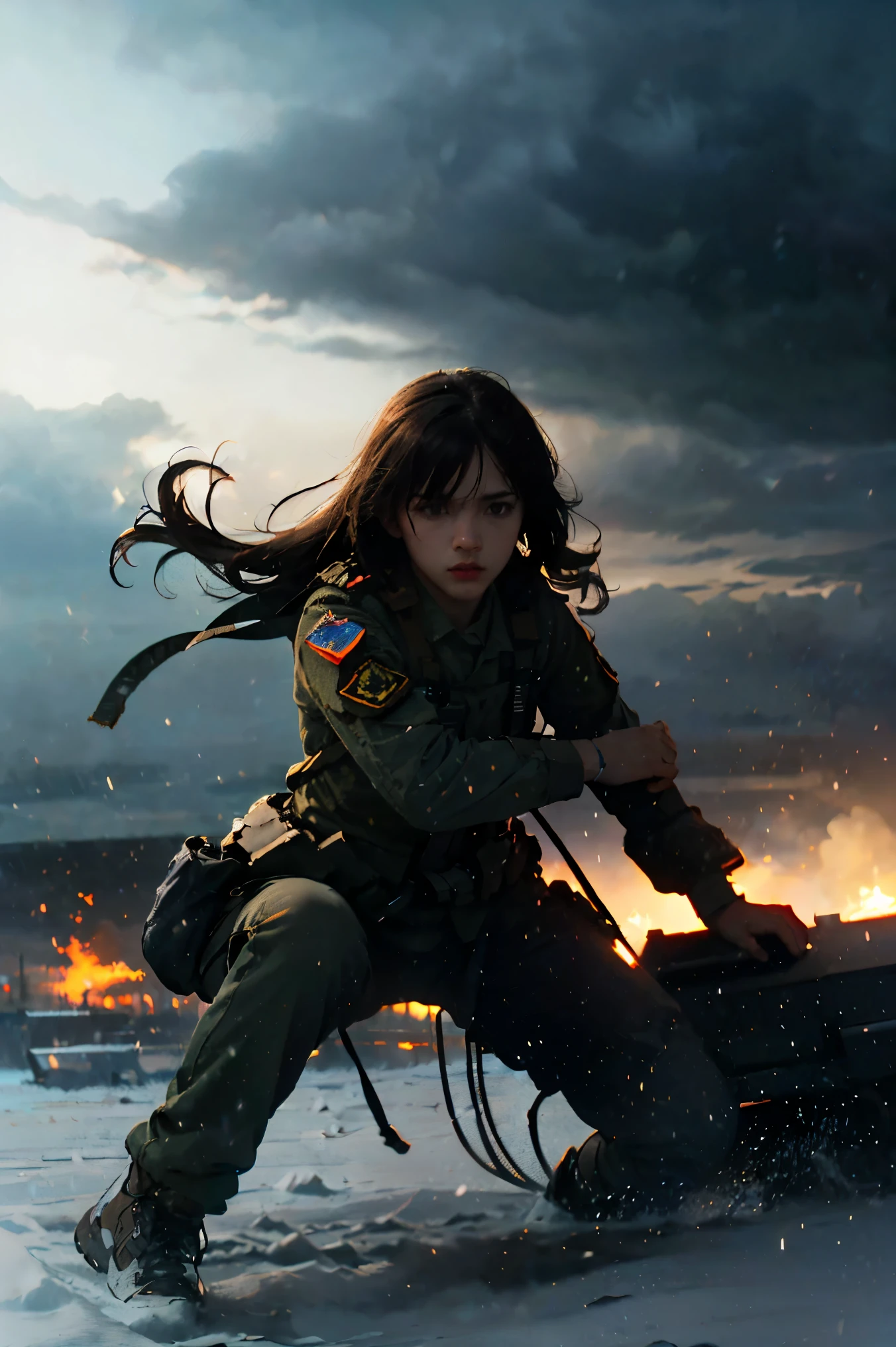 Battlefields of Ukraine、storm、Female soldier in combat uniform fighting tank、, Surrealism, cinematic lighting, UHD, anatomically correct, award winning, best quality, highres, 8k