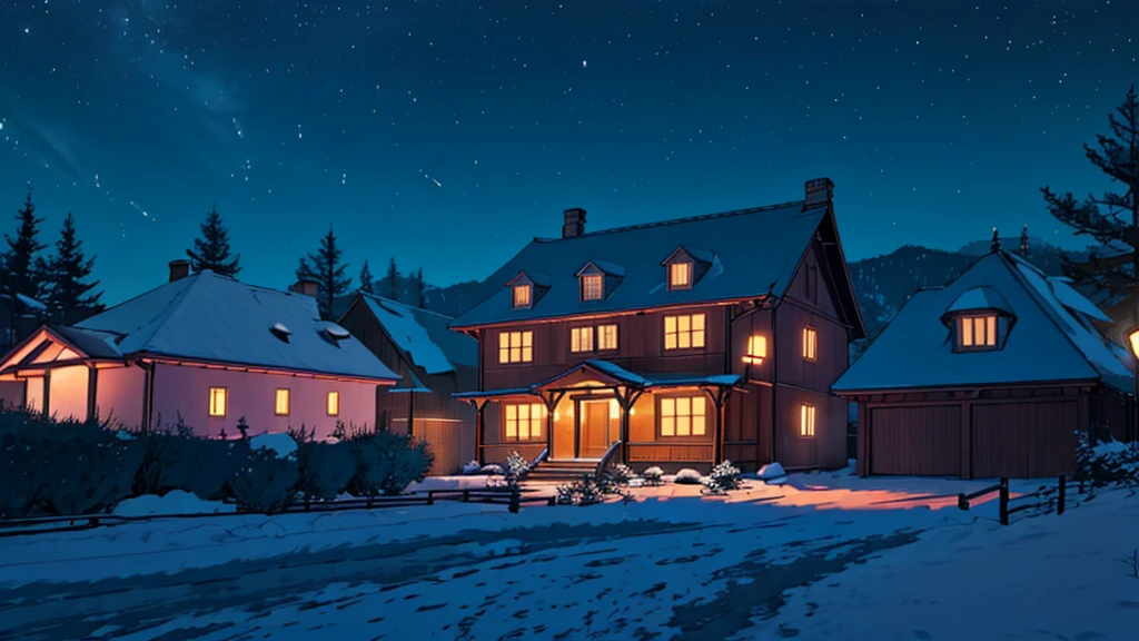 a large ang big dwelling house at night, no humans, no persons