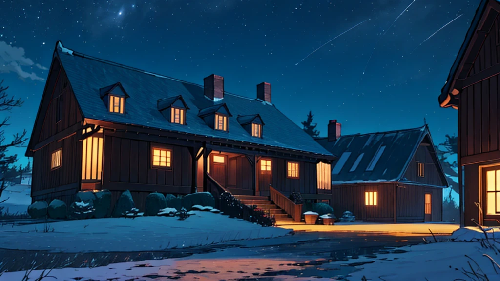 a large ang big dwelling house at night, no humans, no persons