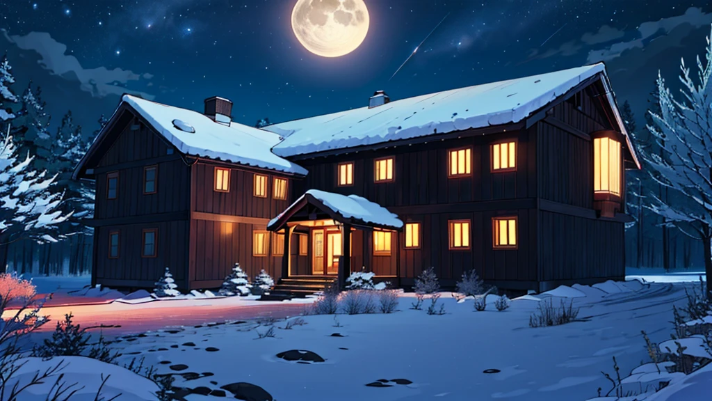 a large ang big dwelling house at night, no humans, no persons