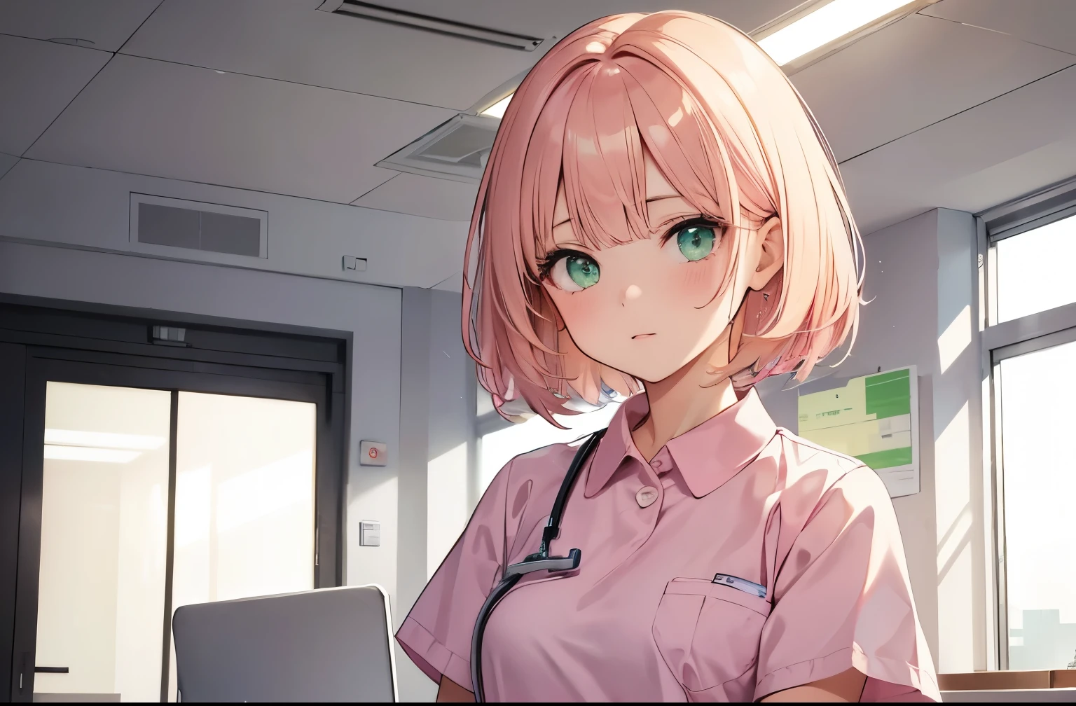 masterpiece, best quality, one girl, hospital, short scattered hair, asymmetrical bangs, pink nurse uniform, office background, pink furniture, blonde hair, green eyes 