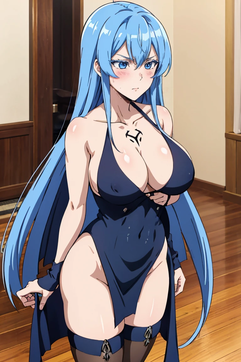 (artwork, best quality) a girl with wet messy long blue hair, blue eyes, blue eyelashes, naked, covering her body with a rag, long black stockings, standing, tattoo, big breasts, perfect body, 4k hd, upset, blushing, in a room