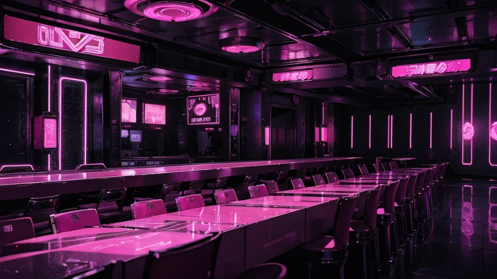 Illustration of a large bar with lots of pink lights, Dance Stage，Silver material structure，Pink decorative pattern，大型Nightclub dancing inspired, ibiza Nightclub dancing inspired, cyberpunk Nightclub, sci-fi Nightclub, Nightclub, Nightclubs and neons, Nightclub, Futuristic Background, futuristic casino, 3D Rendering, neon accent lighting, Various lighting atmospheres, Pink lighting. fantasy, Futuristic decoration, cyberpunk strip clubs