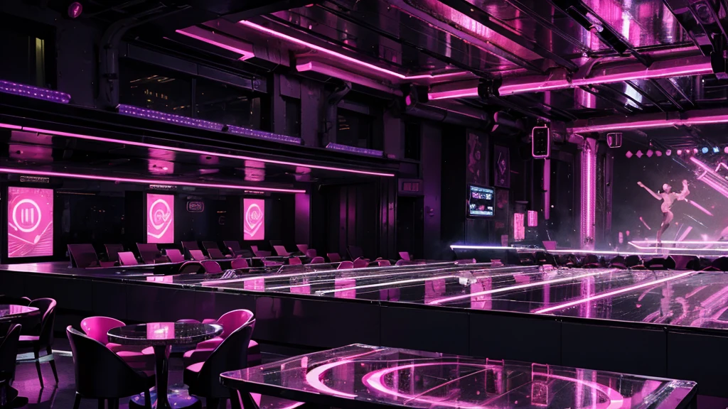 Illustration of a large bar with lots of pink lights, Dance Stage,Silver material structure,Pink decorative pattern,大型Nightclub dancing inspired, ibiza Nightclub dancing inspired, cyberpunk Nightclub, sci-fi Nightclub, Nightclub, Nightclubs and neons, Nightclub, Futuristic Background, futuristic casino, 3D Rendering, neon accent lighting, Various lighting atmospheres, Pink lighting. fantasy, Futuristic decoration, cyberpunk strip clubs