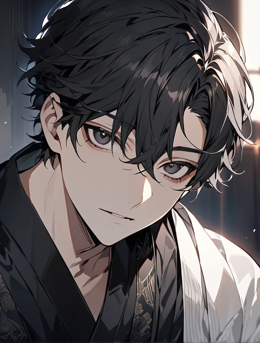 (black_hair), (short_hair), (deep_black_eyes), (Handsome), (Attractive), (male), (black_colored_kimono), (detailed_Hair), (detailed), (detailed_mouth), (ager), (dark_under_eyes), (gem_like_eyes), (whole_upper_body_captured)