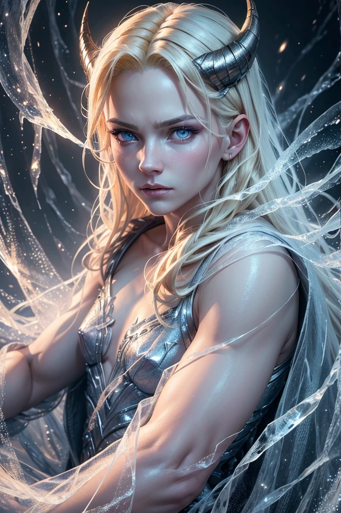 A young man with a round and square face, golden slanted eyes, short golden/blonde hair, an ice demon with skin pale as paper, a tail and horns covered in ice, wearing a white toga, (best quality,4k,8k,highres,masterpiece:1.2),ultra-detailed,(realistic,photorealistic,photo-realistic:1.37),extremely detailed eyes and face,longeyelashes,fantasy,concept art,cinematic lighting,dramatic lighting,dramatic shadows,chiaroscuro,muted colors,cold colors