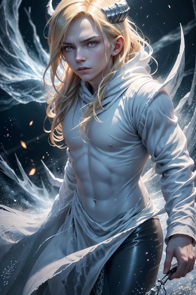 A young man with a round and square face, golden slanted eyes, short golden/blonde hair, an ice demon with skin pale as paper, a tail and horns covered in ice, wearing a white toga, (best quality,4k,8k,highres,masterpiece:1.2),ultra-detailed,(realistic,photorealistic,photo-realistic:1.37),extremely detailed eyes and face,longeyelashes,fantasy,concept art,cinematic lighting,dramatic lighting,dramatic shadows,chiaroscuro,muted colors,cold colors