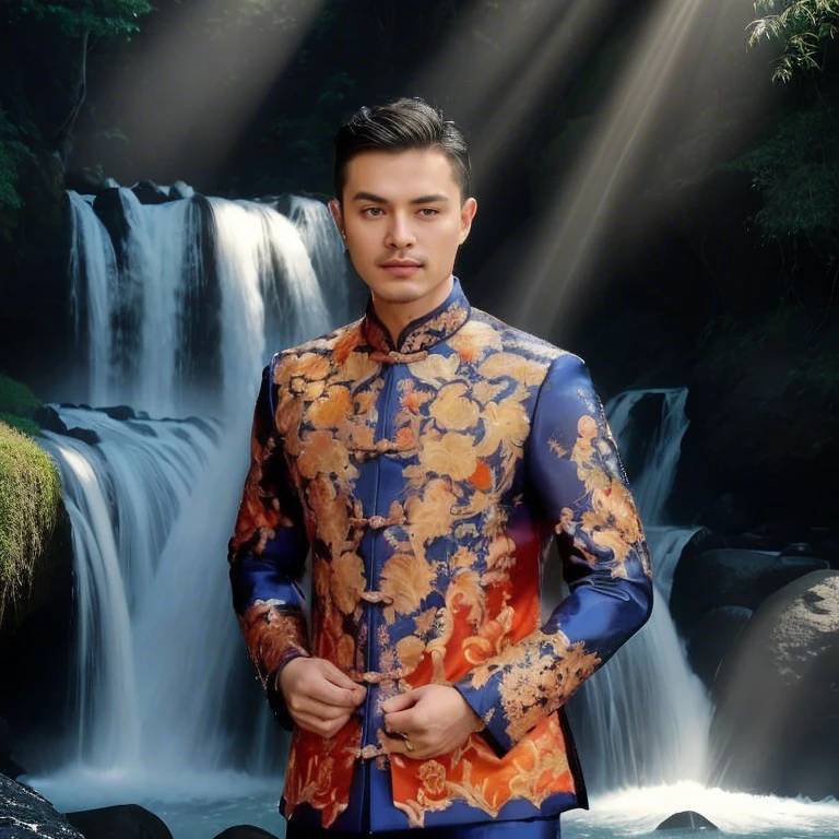 Haraf man, a Southeast Asian man with a round face., Mohawk hair, The face is bright and shiny., Double eyelids, Big eyes, black eyes, has exceptionally black hair, pitch black, In the background is a large waterfall., The evening sun shines beautifully.,  David Marquez, Andrew Gonzalez, A thin man with light tan skin., inspired By Robbie Trevino, Headshot profile picture, inspired By Adam Dario Kiel, Christian Orrillo, Daniel Mirante, By Adam Dario Kiel, By Robbie Trevino, Rick Dai, Joel Torres, with mountains as the background