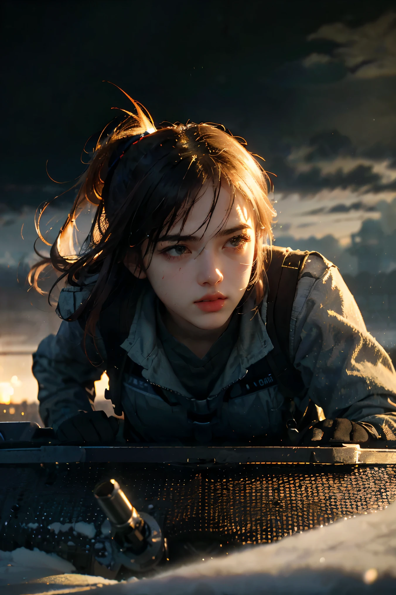 Battlefields of Ukraine、storm、Female soldier in combat uniform fighting tank、, Surrealism, cinematic lighting, UHD, anatomically correct, award winning, best quality, highres, 8k