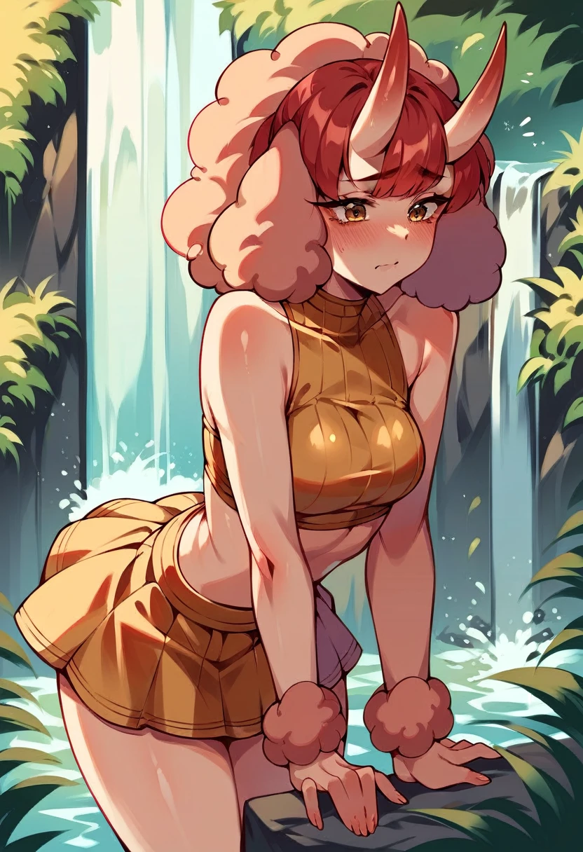 score_9,score_8_up,score_7_up,score_6_up,score_5_up,score_4_up rating_explicit,nsfw, plant, waterfall, gold theme, wide shot, leaning forward, indifferent, red hair, crop top,poodle skirt, layered haircut, oni horns,