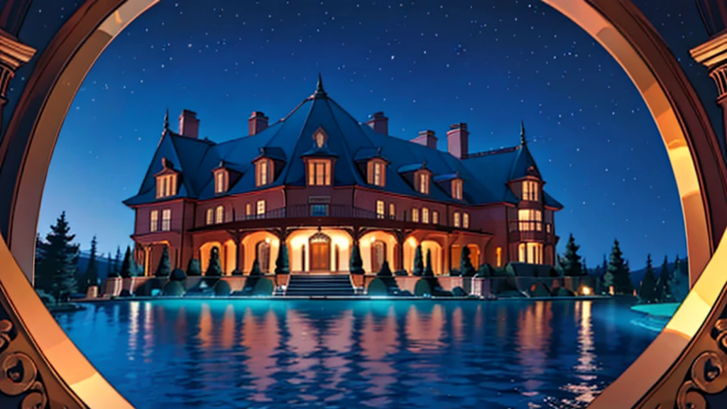 a luxurious billionaire mansion at night, no humans, no persons