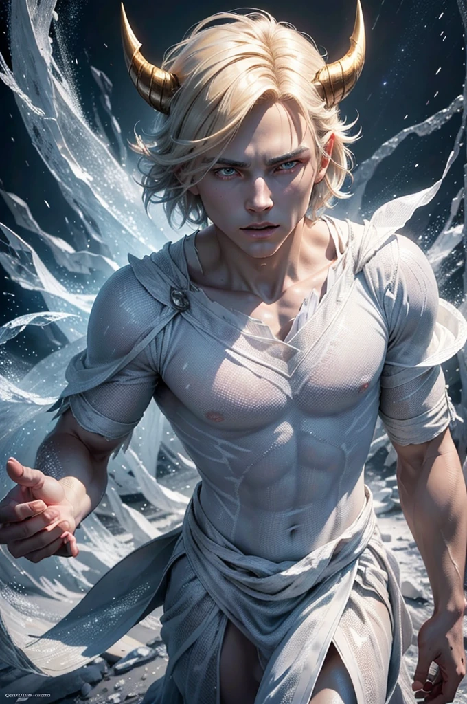 A young man with a round and square face, golden slanted eyes, short golden/blonde hair, an ice demon with skin pale as paper, a tail and horns covered in ice, wearing a white toga, (best quality,4k,8k,highres,masterpiece:1.2),ultra-detailed,(realistic,photorealistic,photo-realistic:1.37),extremely detailed eyes and face,longeyelashes,fantasy,concept art,cinematic lighting,dramatic lighting,dramatic shadows,chiaroscuro,muted colors,cold colors