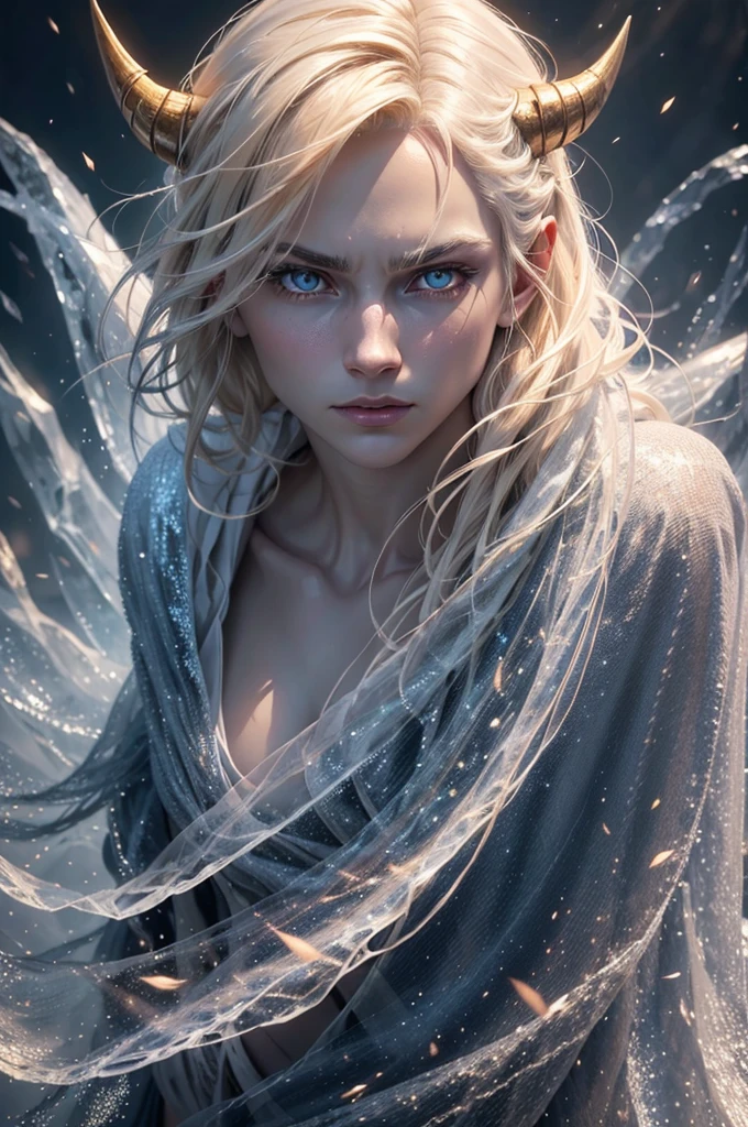 A young man with a round and square face, golden slanted eyes, short golden/blonde hair, an ice demon with skin pale as paper, a tail and horns covered in ice, wearing a white toga, (best quality,4k,8k,highres,masterpiece:1.2),ultra-detailed,(realistic,photorealistic,photo-realistic:1.37),extremely detailed eyes and face,longeyelashes,fantasy,concept art,cinematic lighting,dramatic lighting,dramatic shadows,chiaroscuro,muted colors,cold colors