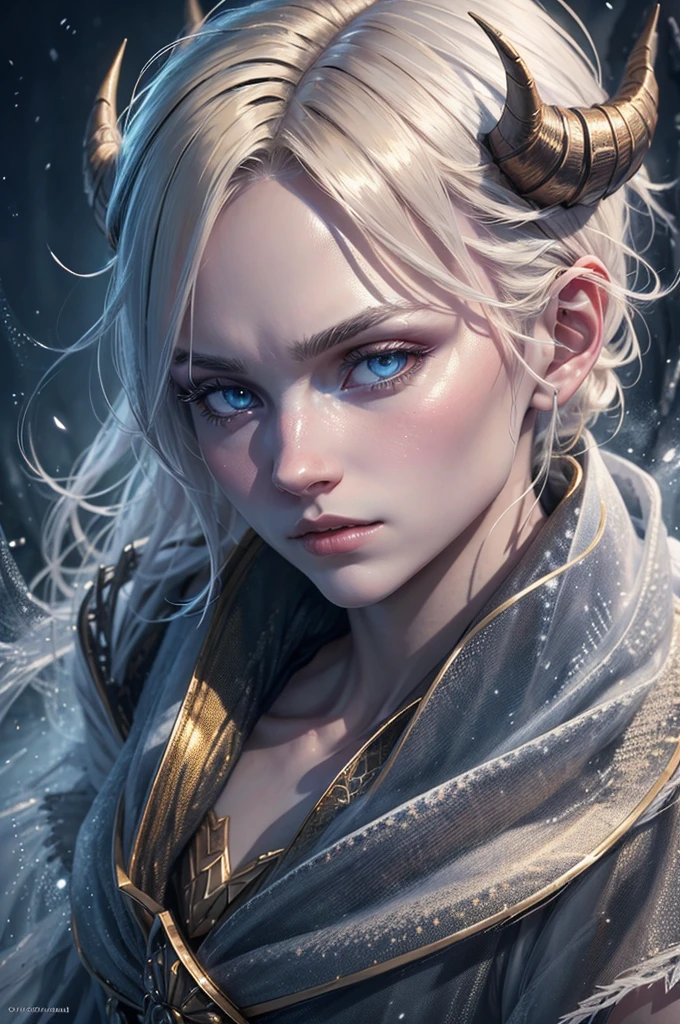 A young man with a round and square face, golden slanted eyes, short golden/blonde hair, an ice demon with skin pale as paper, a tail and horns covered in ice, wearing a white toga, (best quality,4k,8k,highres,masterpiece:1.2),ultra-detailed,(realistic,photorealistic,photo-realistic:1.37),extremely detailed eyes and face,longeyelashes,fantasy,concept art,cinematic lighting,dramatic lighting,dramatic shadows,chiaroscuro,muted colors,cold colors
