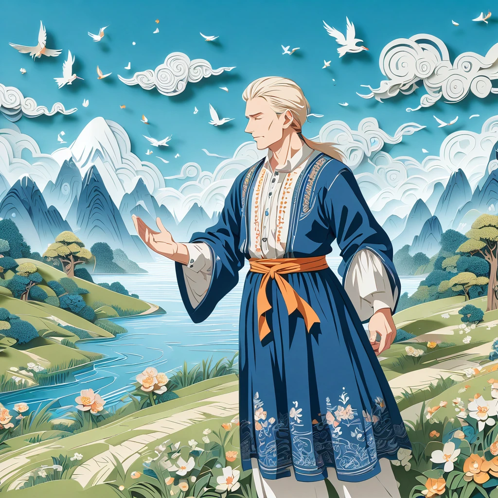 man in french folk outfit, vector graphics, strong contours
