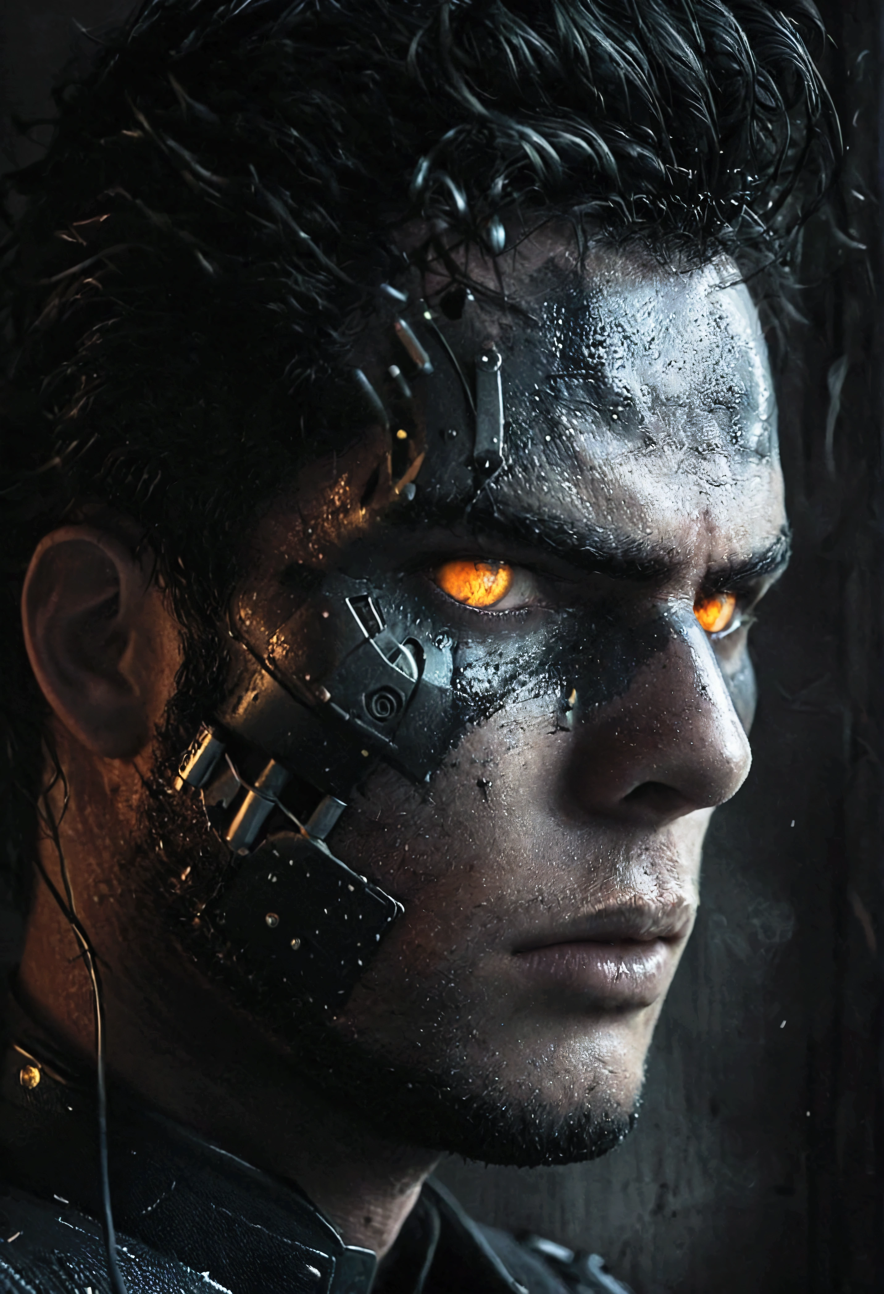 (realistic),masterpiece,Metal face mask, snake eyes, connectors on the head,a close-up image of a character with an intimidating and dark appearance, His face is partially covered by a metallic black mask, and has cracks that add an air of wear or damage, a white and pale face like marble, Exposed skin The top of his head is also cracked, suggesting an anomalous condition or a violent past. The character has a penetrating and threatening look, with intense eyes that stand out under a deep shadow. His hair is long and dark, falling down and framing his face, adding to the sinister aura of the character, The use of strong contrasts between black and white accentuates the dark and dramatic atmosphere of the image, cyberpunk future, bioorganic, cyborg, The image uses a cyberpunk style with a high level of detail and contrast, combining organic and mechanical elements to create a futuristic and dystopian aesthetic