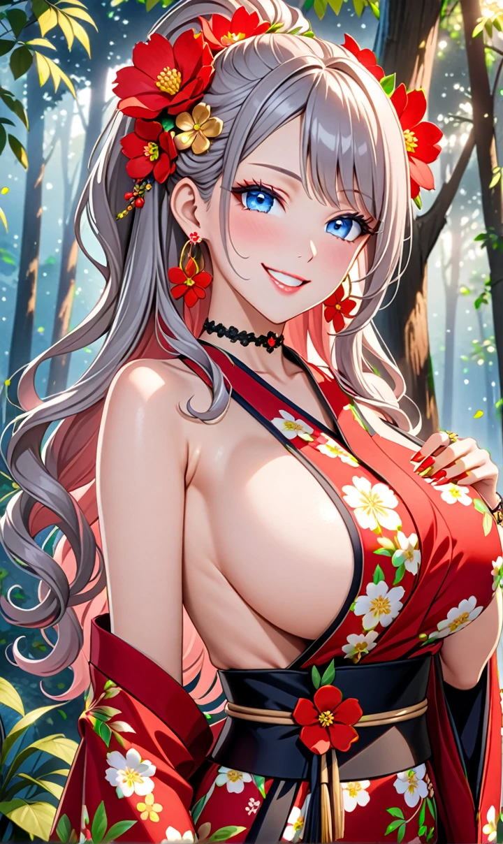 ultra-detailed, ((one girl)), (portrait), (pale skin:1.4), in pastel colors gyaru, (heavy makeup), (professional lighting) hyper detailed, absurdres, 8k, Beautiful Face, (Laugh shyly), ((teasing smile:1.8)), ((happy smile:1.1)), ((Wink:1.5)), (Laugh with your mouth wide open),((Tilt your face:1.6)), View your viewers, ((Bright red cheeks:1.6)),Glossy Red Lips, ((huge :1.6)), ((undress ((Lifting her clothes and showing her nipples:1.3)), noer, Green tree々, In the mysterious forest, ((Anime style background)),masterpiece, Highest quality, (Brighten your face), so beautiful,Latest, Complex details, (Pink long nails), (nail art), (ring),(bracelet), (Floral Choker),AI-generated, Complex,High resolution, Highest quality, super high quality,3D Images、3D Images,One person, Pearl grey long hair,(High Ponytail), (wavy hair:1.3), Anime woman in black kimono posing for a photo, ((Fine grain、blue eyes、glowing eyes:1.4)), (Squint your eyes:1.1),a hyperRealistic , hyperRealistic , Realistic, Smooth anime CG art, A girl in a gorgeous black kimono, ((black furisode:1.2)), (Gold embroidery), (Large red floral pattern), (sideboob), Long flower hair ornament,Floral Earrings, Mature Body, tall,Narrow, front view, ((upper body:1.2)),