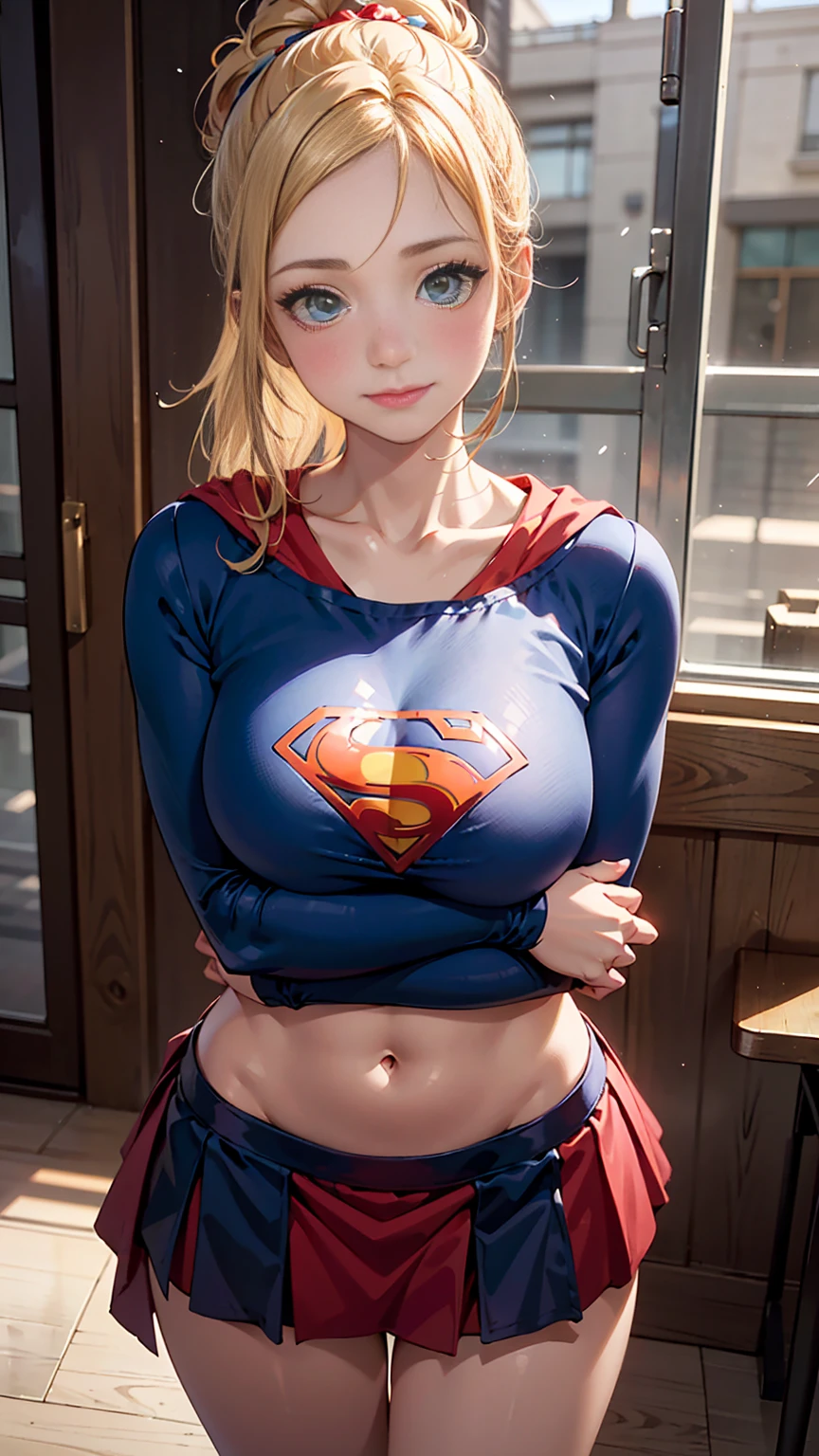 NSFW: 1.5, Masterpiece artwork, best qualityer, high qualiy, highes definition, texturas de high qualiy, sombras de high qualiy, highes definition, Beautiful Detail, highly detailed CG, detailed textures, realistic representation of faces, realisitic, Colouring, dainty, cinematic lights, sidelights, Spring Flares, ray tracing, focusing nítido, Supergirl, ((best qualityer, Masterpiece artwork, absurdrez, 8k)), photo the 1 , standing alone, 21 years, Supergirl (Helena Slater), giant bust,giant bust:1.2 linda, view of the back, view of the back, view of the back, view of the back;1.4, long hair up to your hips, long hair, low hair, volumous hair, white skin tone, greeneyes, sparkling expressive eyes, Breasts huge, She's Supergirl, cosplay Supergirl, Japanese Sailor Female Cosplay Supergirl,red skirt, girls school costume, sock 7/8, Superman Suit, blush, Embarrassed expression, smile shy, terrace construction, daytime, majo, young woman, hands behind) (1girl, __focusing__:1.3), (details Intricate, make-up, pureerosface_v1:0.5), (Delicate sympathetic face with details, Delicate eyes Sympathetic in detail, Perfect face proportions, dense skin, ideal proportion of four fingers and one thumb, arms under breast, giant bust:1.0, miniskirt, up skirt, Broad Hips, flat upper abdomen, up to, don, blond: 1.3), bed-in, no hands