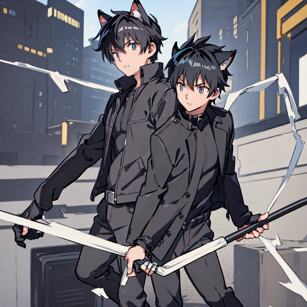 1cat boy, anime cat boy with black cat ears black hair and black pants and a black jacket, blue eyes, city, absurdres, high res, ultrasharp, 8K, masterpiece, looking at viewe