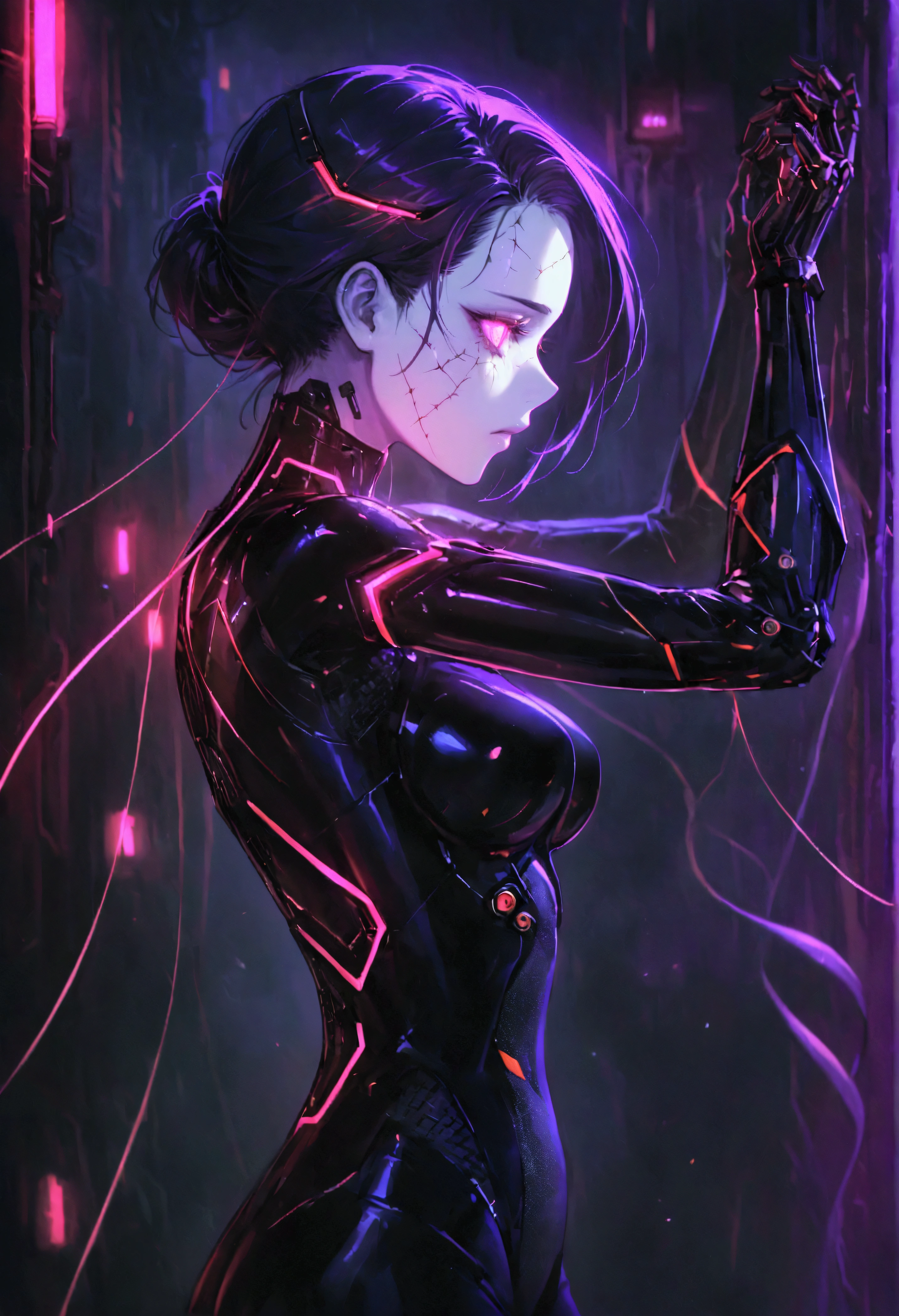 1 boy,1 cyborg, dark cyberpunk aesthetic, tall and thin, with an upright and threatening posture, covered in black and dark metallic armor, futuristic combat suit, many details with a mixture of advanced technology with biomechanical elements, face and head with very white skin pale and cracked with marked veins, marked scars on her face, leaving only her eyes and a part of her forehead exposed, Her eyes cut like a snake, dark and penetrating, adding a sense of danger and mystery, The character is covered in cables and mechanical components, especially in the arms and torso, The cables hang and tangle around his body, giving an impression of technological and biomechanical complexity, there are articulated metal segments and technological pieces that look like part of an armor or exoskeleton,