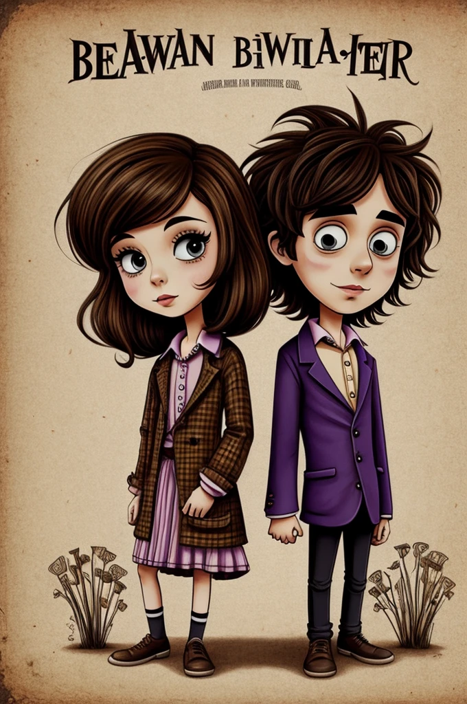 Couple girl readhead and boy with Brown hair draw in Tim Burton style