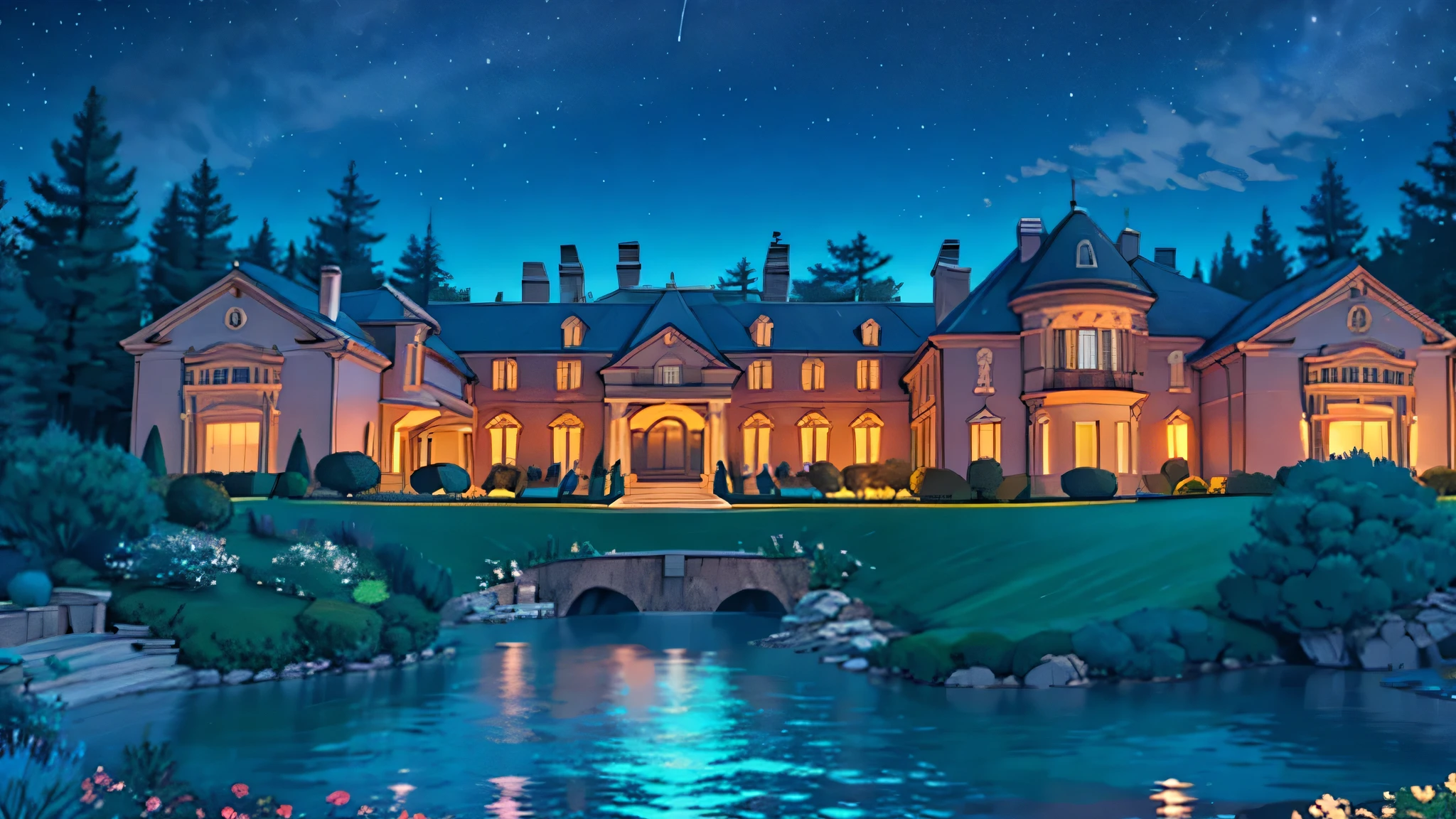 a luxurious billionaire mansion at night, no humans, no persons