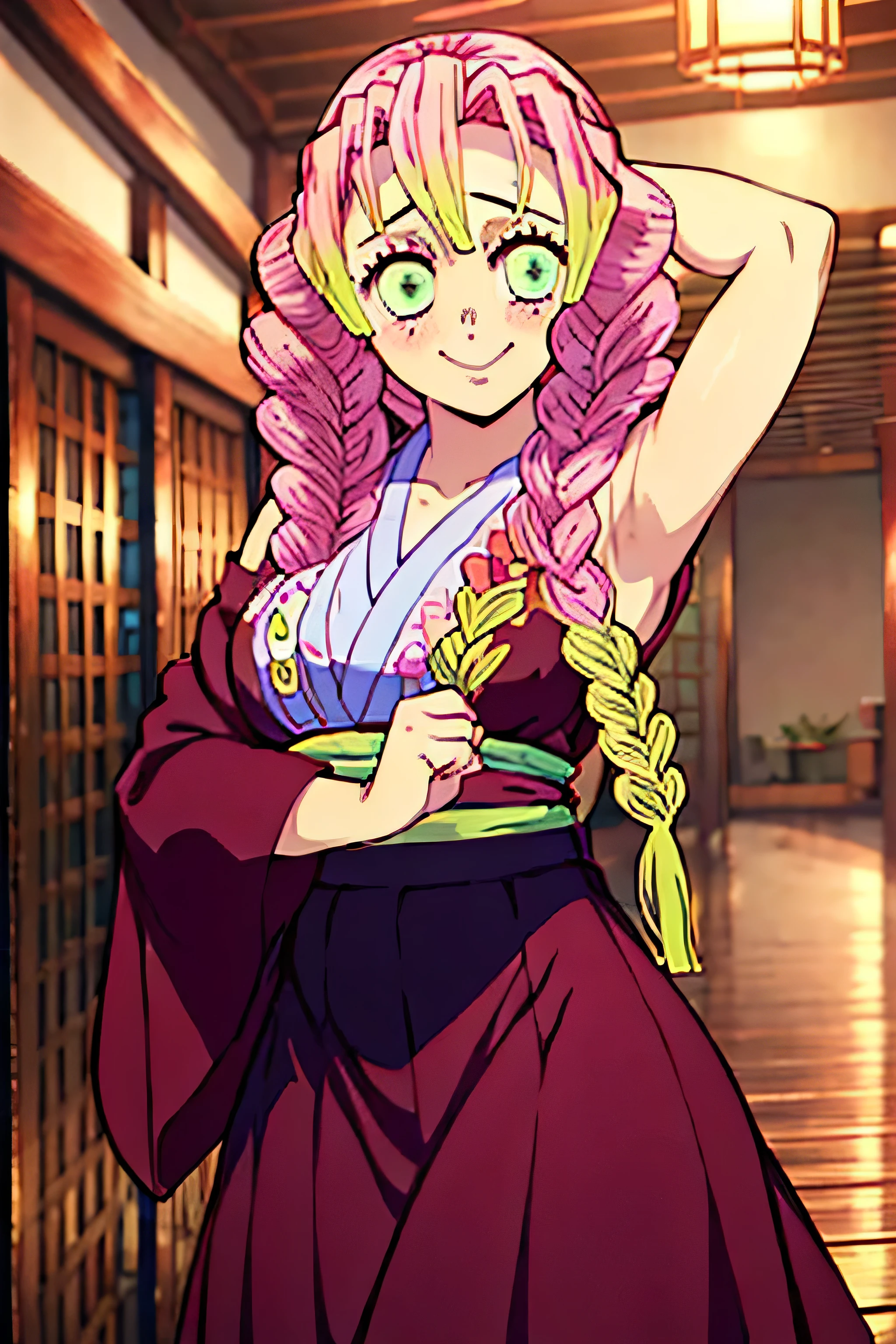 (masterpiece, best quality), 1girl, MitsuriKanroji, kimono, skirt, breast, armpits, smile, blush.