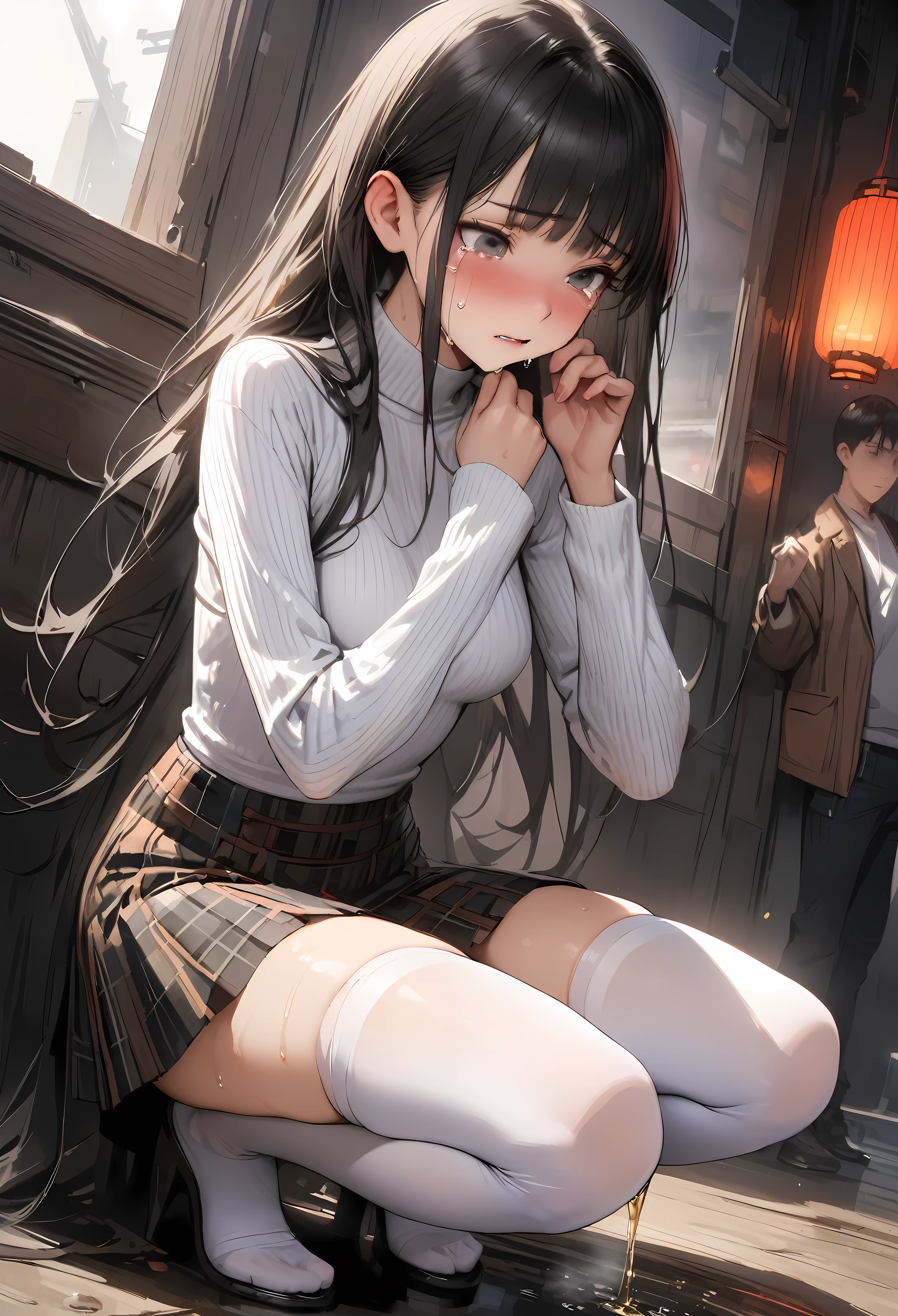 ((masterpiece,Highest quality:1.3,best quality illustration)),(realistic),cowboy shot,solo,1woman,(18 year old beauty),black hair,long hair,bangs,black eyes,gorgeous big eyes,((very small head:1.3)),shy,tears,((very long body:1.2,skinny)),medium breasts,(turtleneck、Long sleeve white knit top、Grey checked mini skirt、white_thighhighs),sweat,gleaming skin,toned body,slender body,squatting,peeing,World of Blade Runner、