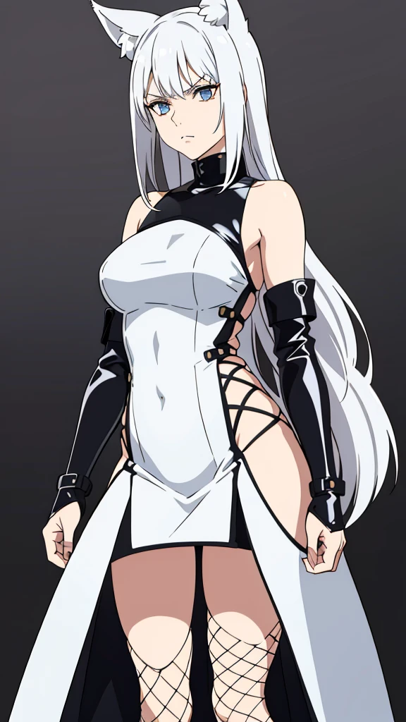 1girl ,solo,20s, female,serious face,white hair,long hair,fox ears,(simple background),latex dress, sideless outfit, arm guards, latex thighihighs, fishnets, cross-laced clothes