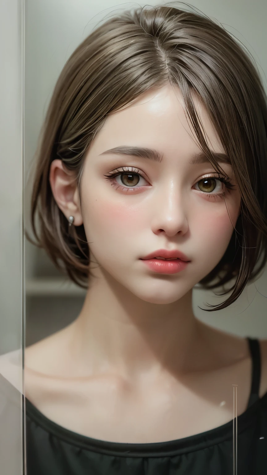 Masterpiece hyperrealist & Photorealistic beautiful girl, Realistic Skin (Pore-filled skin) Short Bob Cut Hair, Realistic red lips,Punk Girl, (head shot:1.5),Shorts