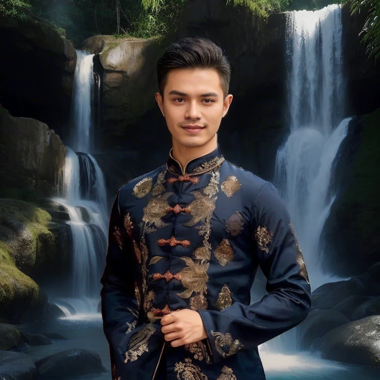 Haraf man, a Southeast Asian man with a round face., Mohawk hair, The face is bright and shiny., Double eyelids, Big eyes, black eyes, has exceptionally black hair, pitch black, In the background is a large waterfall., The evening sun shines beautifully.,  David Marquez, Andrew Gonzalez, A thin man with light tan skin., inspired By Robbie Trevino, Headshot profile picture, inspired By Adam Dario Kiel, Christian Orrillo, Daniel Mirante, By Adam Dario Kiel, By Robbie Trevino, Rick Dai, Joel Torres, with mountains as the background