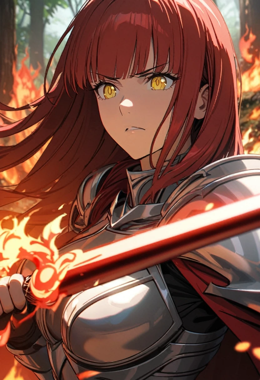(Mature woman), perfect anatomic draw, perfect eyes, long red hair, yellow eyes, serious face, straight bangs down, sacred knight, silver armor, great fire sword, brave pose, fire underground, fire powers, in the forest, day, red cape, 8k, high quality, full HD.