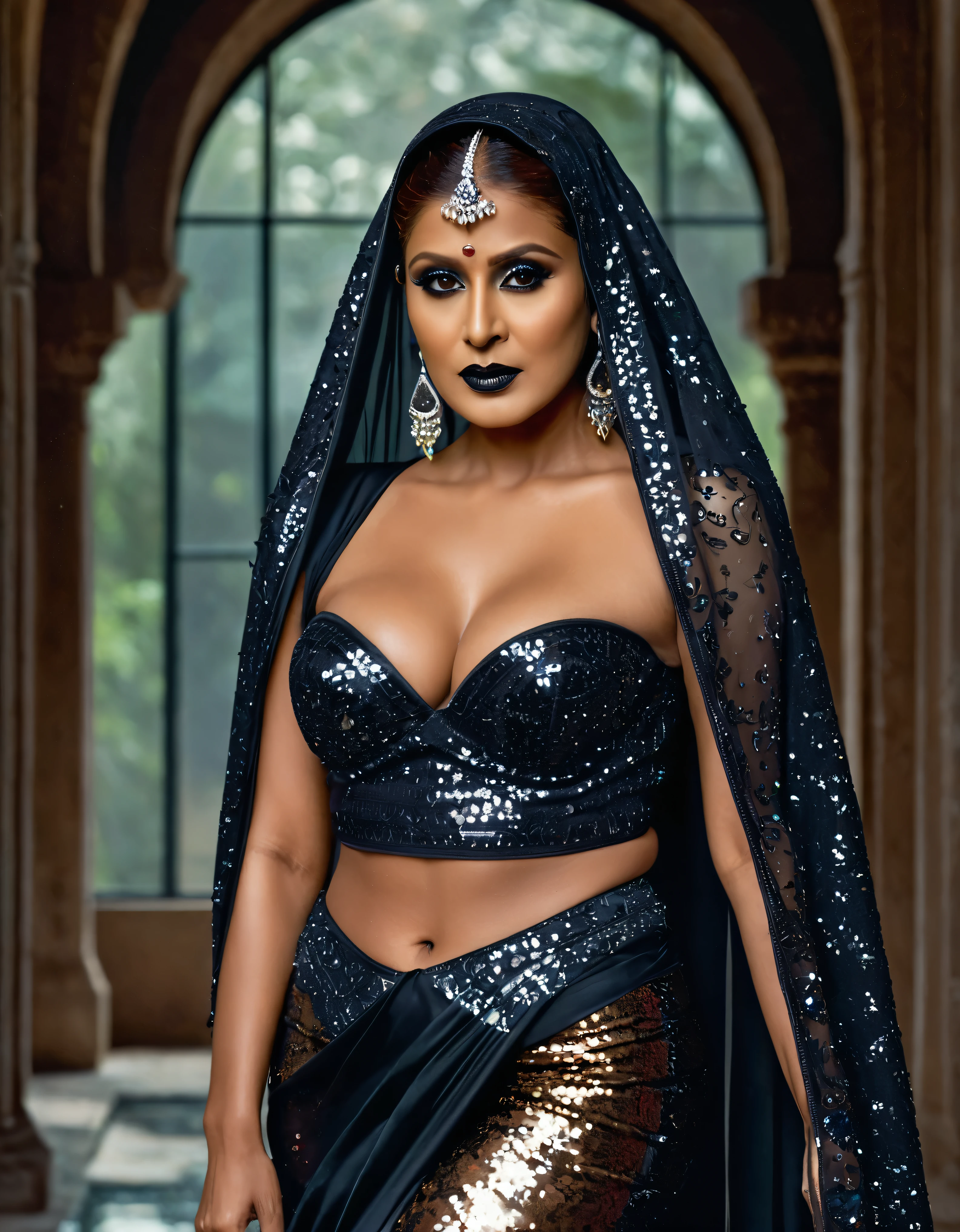 Looks like Nayanthara, milf, cougar lady witch, horny Gothic milf, 50 years old gorgeous mature lady, pervert demoness, demoness of lust, curvy, black lips, horny face, extremely gorgeous, thick figure, heavy physique, voluptuous, curvy, sexy figure, Fashionable portrait of androgynous alien looking witch wearing veil, glowing eyes, futuristic design, minimal details, givenchy, photoreal, 200mm, hd, f/ 2.0, highly detailed, surreal, sexy beautiful evil woman, sexy bold sequin Saree with strapless Bra, chudail, Pishachini, horror genre, blood-thirsty enchantress, powerful female spirit, eerie, drop dead, in the style of red and blue, (intricate details, hyperdetailed:1.15) (skin texture:1.2), dark Moody tone, cinematic lighting, haunted place in background,