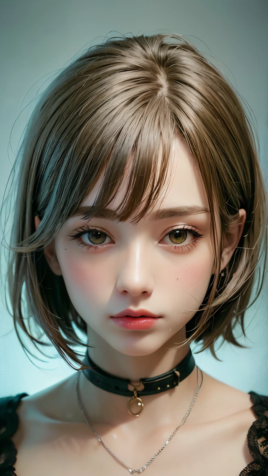Masterpiece hyperrealist & Photorealistic beautiful girl, Realistic Skin (Pore-filled skin) Short Bob Cut Hair, Realistic red lips,Punk Girl, (head shot:1.5),Shorts