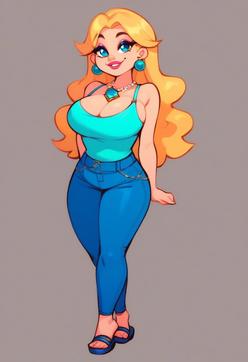 rose, 1girl, solo, long hair, smile, blonde hair, large breasts, simple background, jewelry, standing, full body, earrings, pants, cyan eyes, makeup, sandals, blue pants, cyan tank top, star brooch necklace, pink upper lip, lipstick, yellow eyelids, yellow, eyebrows, silver earrings