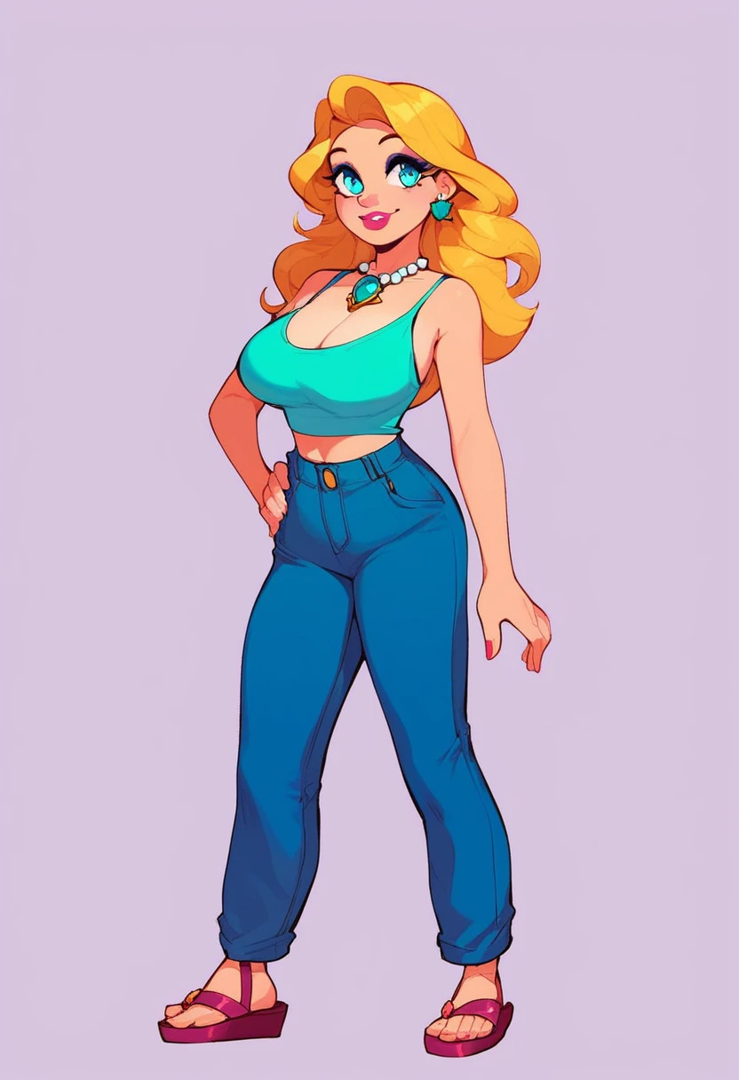 rose, 1girl, solo, long hair, smile, blonde hair, large breasts, simple background, jewelry, standing, full body, earrings, pants, cyan eyes, makeup, sandals, blue pants, cyan tank top, star brooch necklace, pink upper lip, lipstick, yellow eyelids, yellow, eyebrows, silver earrings