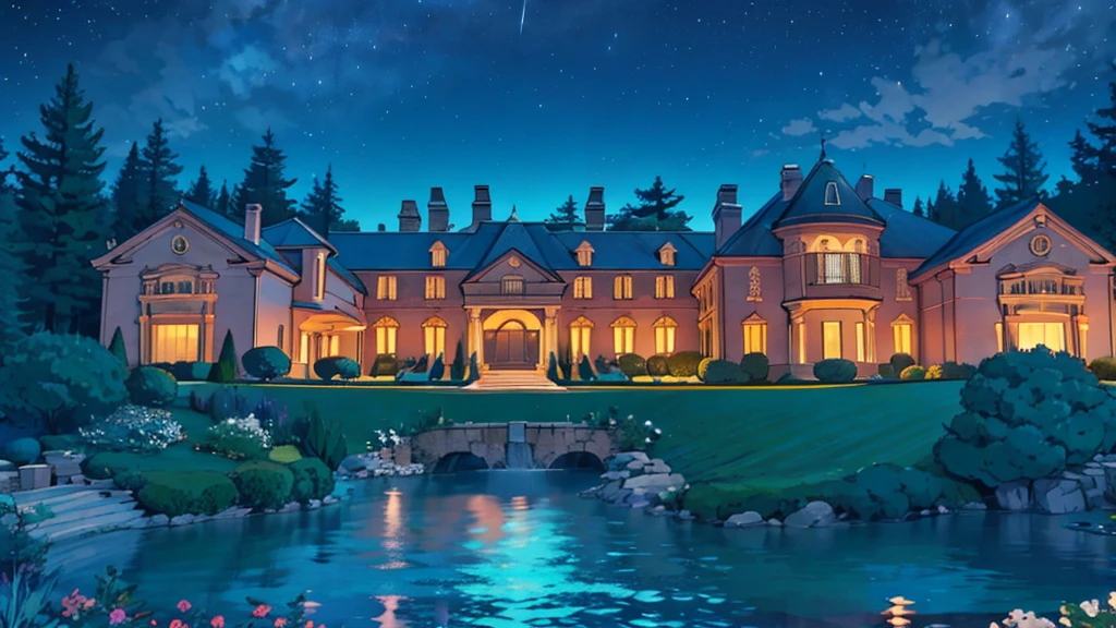 a luxurious billionaire mansion at night, no humans, no persons