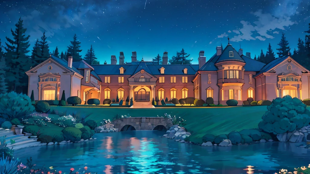 a luxurious billionaire mansion at night, no humans, no persons