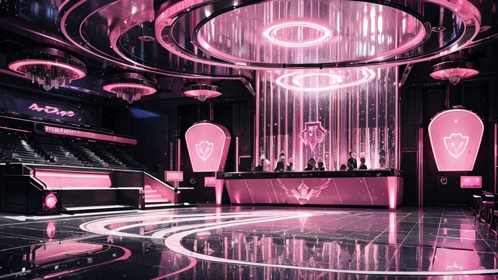 Illustration of a large bar with lots of pink lights, Dance Stage,Silver material structure,Pink decorative pattern,Futuristic Background, futuristic casino, 3D Rendering, Various lighting atmospheres, Pink lighting. fantasy, Futuristic decoration, strip club