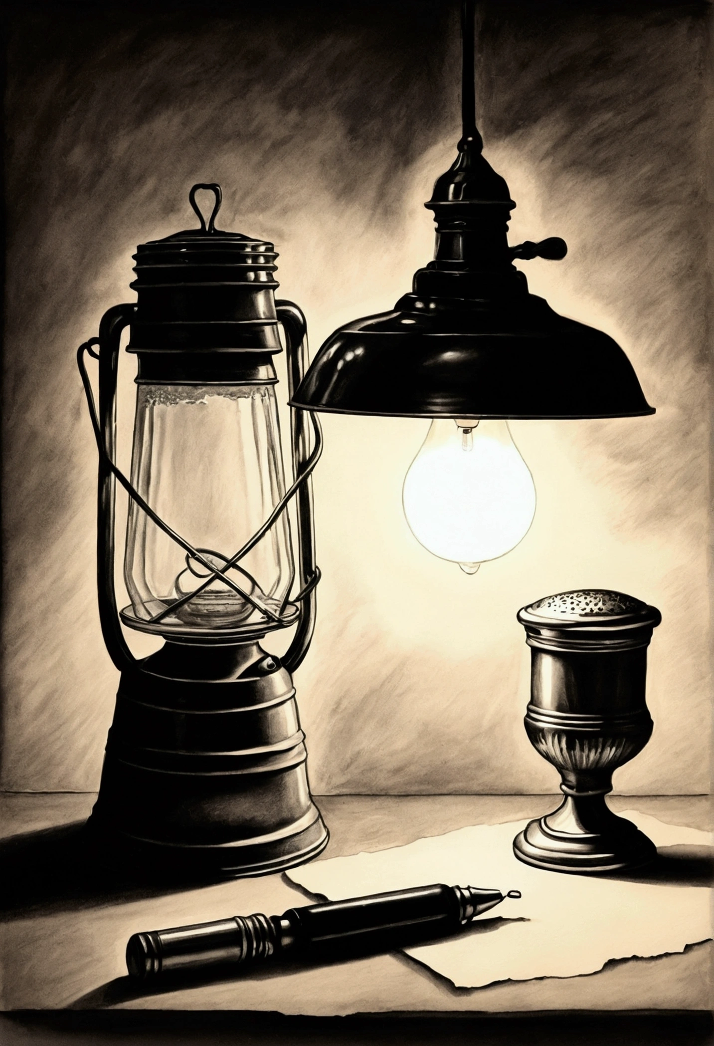 a drawing using a salt shaker and an old lamp