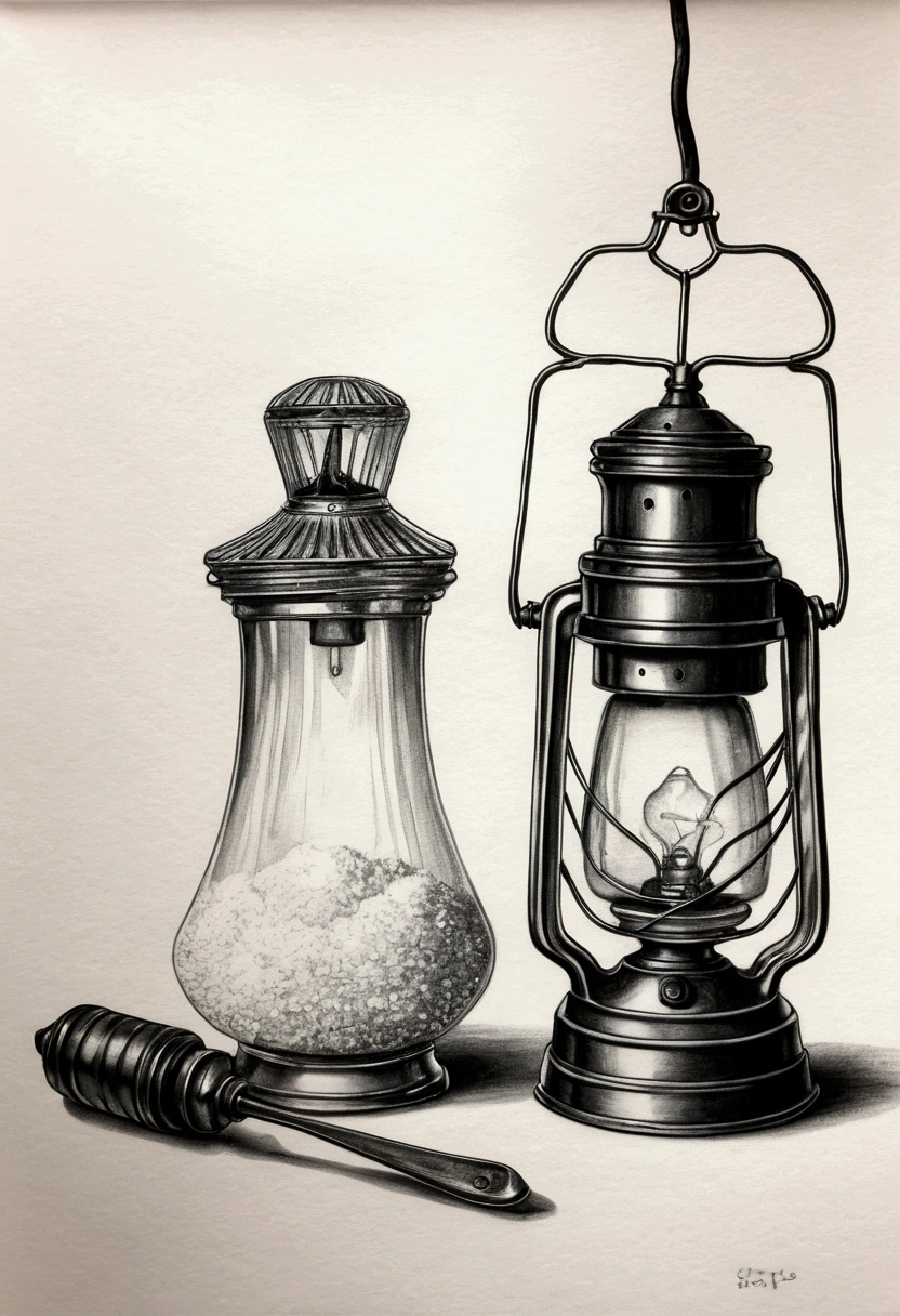 a drawing using a salt shaker and an old lamp