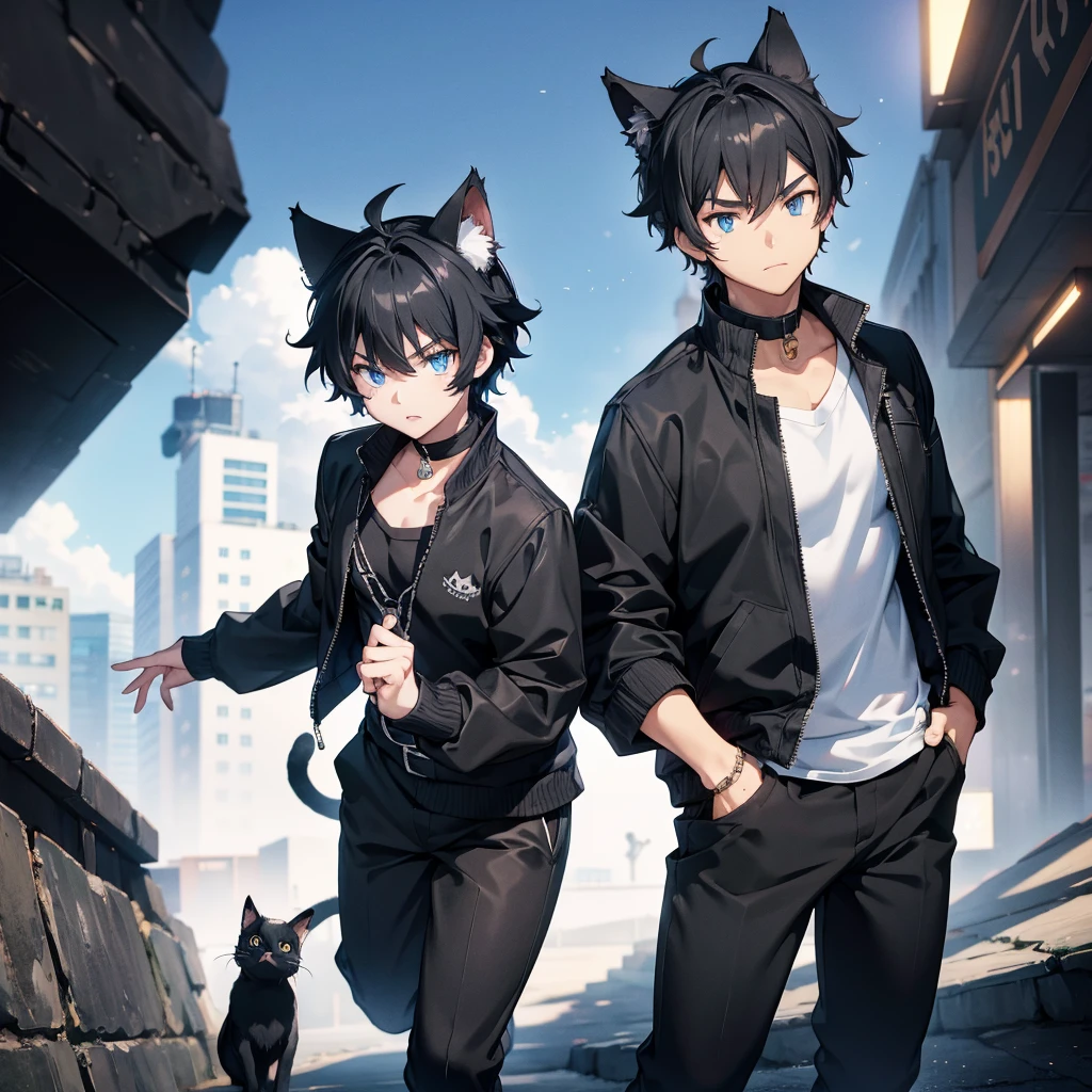 1cat boy, anime cat boy with black cat ears black hair and black pants and a black jacket, blue eyes, city, absurdres, high res, ultrasharp, 8K, masterpiece, looking at viewe