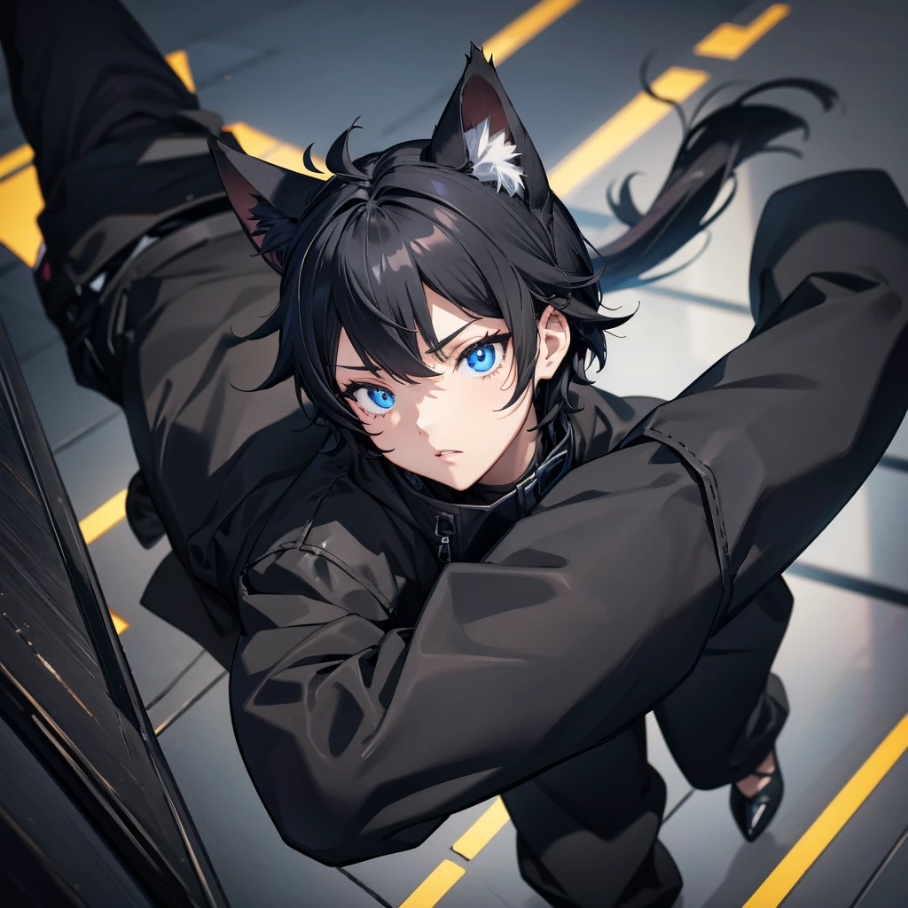 1cat boy, anime cat boy with black cat ears black hair and black pants and a black jacket, blue eyes, city, absurdres, high res, ultrasharp, 8K, masterpiece, looking at viewe